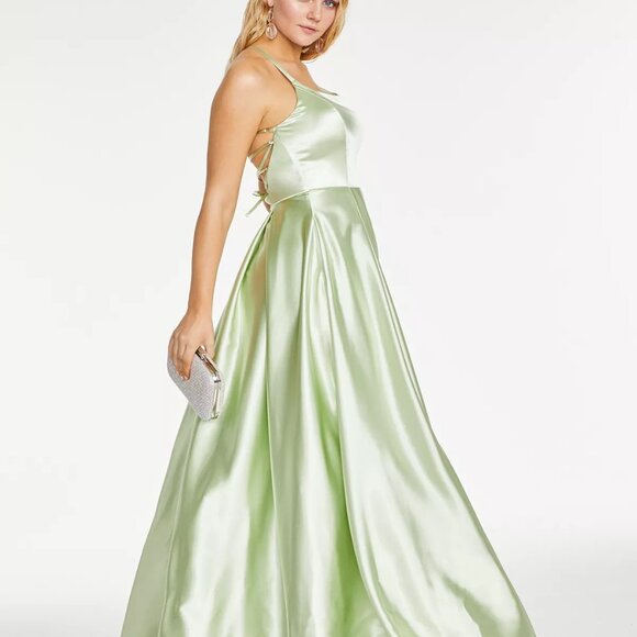 Speechless Juniors' Lace-Up-Back Satin Gown Pistachio - Picture 8 of 10